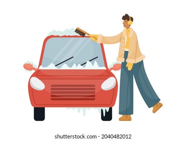Imagen vectorial de un hombre que barre la nieve con un cepillo de un auto.