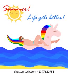 Vector illustration with man swims on an inflatable unicorn on the sea. Vacation time. Summer card. Pool floating toys. Trendy design concept for summer fashion textile print.