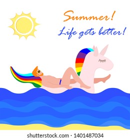 Vector illustration with man swims on an inflatable unicorn on the sea. Vacation time. Summer card. Pool floating toys. Trendy design concept for summer fashion textile print.