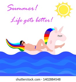 Vector illustration with man swims on an inflatable unicorn on the sea. Vacation time. Summer card. Pool floating toys. Trendy design concept for summer fashion textile print.