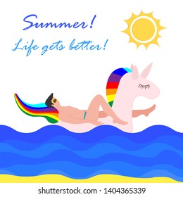 Vector illustration with man swims on an inflatable unicorn on the sea. Vacation time. Summer card. Pool floating toys. Trendy design concept for summer fashion textile print.
