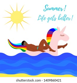 Vector illustration with man swims on an inflatable unicorn on the sea. Vacation time. Summer card. Pool floating toys. Trendy design concept for summer fashion textile print.