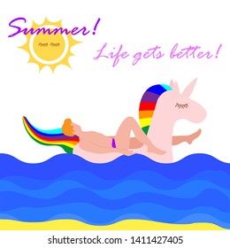 Vector illustration with man swims on an inflatable unicorn on the sea. Vacation time. Summer card. Pool floating toys. Trendy design concept for summer fashion textile print.