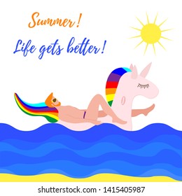 Vector illustration with man swims on an inflatable unicorn on the sea. Vacation time. Summer card. Pool floating toys. Trendy design concept for summer fashion textile print.