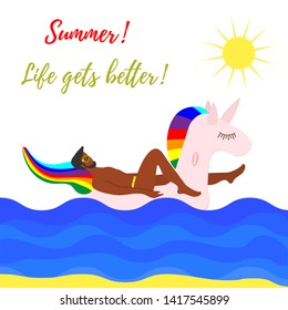 Vector illustration with man swims on an inflatable unicorn on the sea. Vacation time. Summer card. Pool floating toys. Trendy design concept for summer fashion textile print.