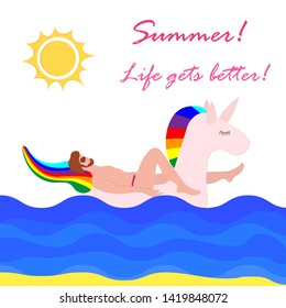 Vector illustration with man swims on an inflatable unicorn on the sea. Vacation time. Summer card. Pool floating toys. Trendy design concept for summer fashion textile print.