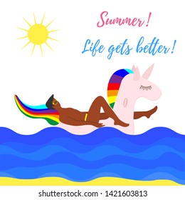Vector illustration with man swims on an inflatable unicorn on the sea. Vacation time. Summer card. Pool floating toys. Trendy design concept for summer fashion textile print.