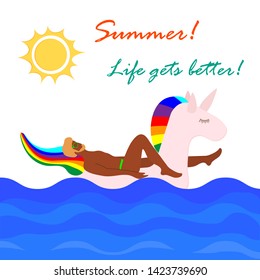Vector illustration with man swims on an inflatable unicorn on the sea. Vacation time. Summer card. Pool floating toys. Trendy design concept for summer fashion textile print.