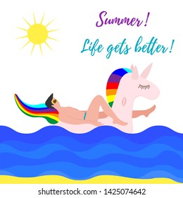 Vector illustration with man swims on an inflatable unicorn on the sea. Vacation time. Summer card. Pool floating toys. Trendy design concept for summer fashion textile print.