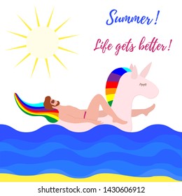 Vector illustration with man swims on an inflatable unicorn on the sea. Vacation time. Summer card. Pool floating toys. Trendy design concept for summer fashion textile print.