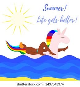 Vector illustration with man swims on an inflatable unicorn on the sea. Vacation time. Summer card. Pool floating toys. Trendy design concept for summer fashion textile print.