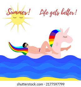 Vector illustration with man swims on an inflatable unicorn on the sea. Vacation time. Summer card. Pool floating toys. Trendy design concept for summer fashion textile print.