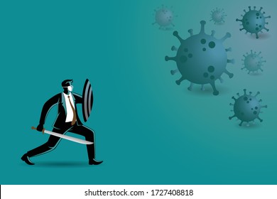 Vektor-Abbildung eines Menschen mit Schwert und Schild, der das Corona-Virus bekämpft 