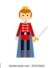 Vector illustration of man with sword and shield on white background.