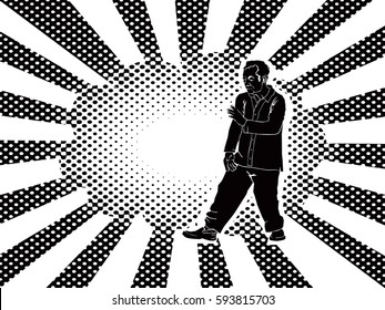 Vector illustration of a man in a Tai Chi pose against an explosive cloud.
