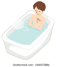 Vector illustration of a man taking a bath with a baby