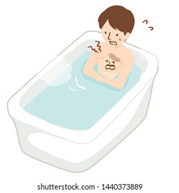 Vector illustration of a man taking a bath with a baby