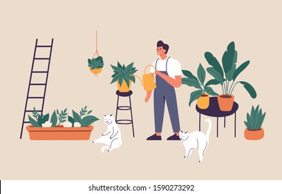 Vector illustration man taking care of houseplants growing in planters. Young cute man cultivating potted plants at home