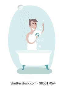 Vector illustration of man taking care of personal hygiene. Taking shower