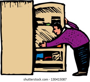 Vector illustration of man taking food from the refrigerator