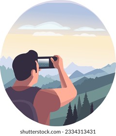 Vector illustration of man taking photo of mountain 