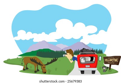 Vector illustration of a man taking a picture of a moose at Yellowstone National Park.