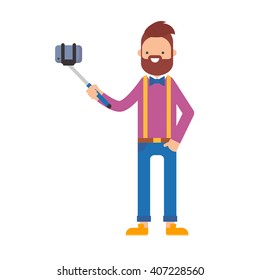 Vector illustration of a man taking selfie on a smartphone using a monopod