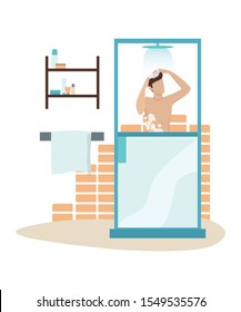 Vector Illustration Of A Man Taking A Shower In The Morning Or Before Sleep. Man In The Bathroom Wash His Body And Hair. Cartoon Style Isolated Illustration