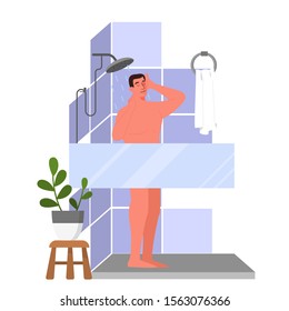 Vector illustration of a man taking a shower in the morning or before sleep. Man in the bathroom wash his body and hair. Cartoon style isolated illustration