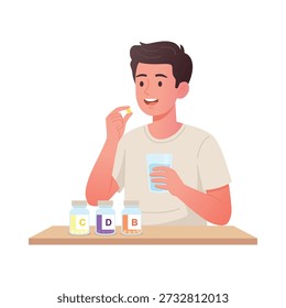 Ilustración vectorial de un hombre que toma vitaminas y suplementos dietéticos para la salud y el bienestar. Ideal para contenido de nutrición, promoción de la salud, temas de estilo de vida saludable y consejos médicos visuales.