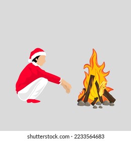 Vector illustration of a man taking warmth from bonfire during winter