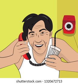 Vector illustration with a man talking on the phone. Retro style. EPS 10