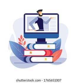 vector illustration of man teach and training online class for education, college, with neon books for education app. Modern concepts for website and mobile website development.