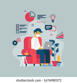 Vector illustration of a man teleworking from his home because of the coronavirus COVID-19