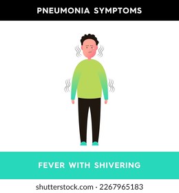 Vector illustration of a man with a temperature and a thermometer in his mouth. A person suffering from pneumonia has a fever with chills. Pneumonia symptoms. Illustration for medical articles, poster