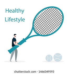 Vector illustration with man, tennis equipment. Playing sport. Workout for wellness and activity. Healthy lifestyle. Design for app, websites, print, presentation.