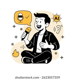 Vector illustration of a man testing AI voice recognition using a microphone. Includes speech bubble, AI and audio icons in a clean flat cartoon style with bold outlines.