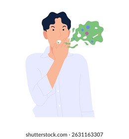 Vector illustration of man testing breath with bad breath, eating food with bad smell, flat design isolated on white background.