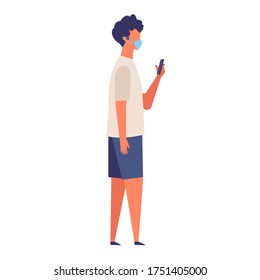 Vector illustration of the man texting while walking with a surgical mask.
The illustration for the topic of coronavirus, flu and cold. Vector illustration in flat style.