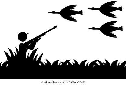 Vector / illustration of a man that is hunting birds.