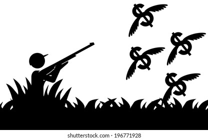Vector / illustration of a man that is hunting flying dollars.