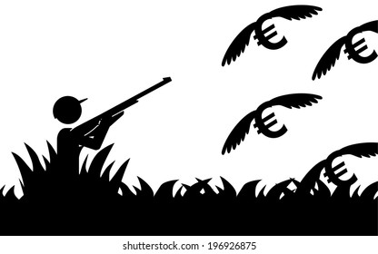 Vector / illustration of a man that is hunting flying euros.