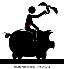 Vector / illustration of a man that is on a piggy bank and he is holding a flying dollar.