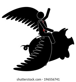 Vector / illustration of a man that is on a flying piggy bank.