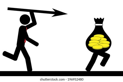 Vector / illustration of a man that is running to catch a bag of money with a spear.