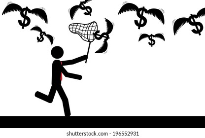 Vector / illustration of a man that is trying to catch flying dollars.