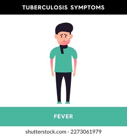 Vector illustration of a man with a thermometer who has a temperature. A person suffering from tuberculosis experiences weakness and fever. Tuberculosis symptoms. Illustration for medical articles