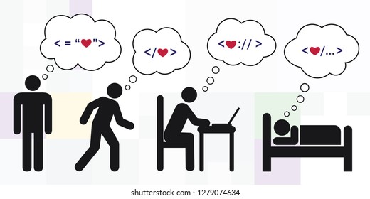 vector illustration of man thinking about code and love all day