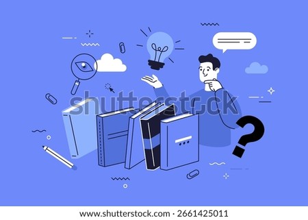 Vector illustration with man thinking about question with light bulb over books. Education and knowledge innovation concept for learning and discovery process.