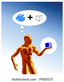 Vector illustration of a man thinking of  a color and a box, and holding a blue cube in his hand